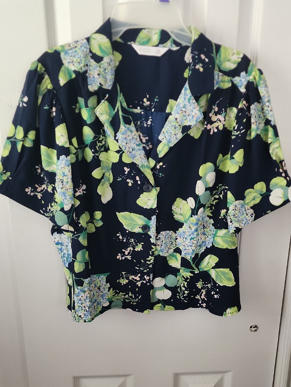 LC Lauren Conrad Navy Blouse with Blue & Green Floral Accents